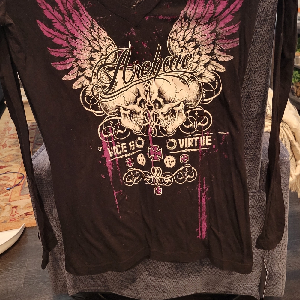 Archaic Black and Purple Graphic Long Sleeve Top Sz L